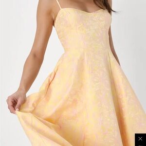 Meet for Tea Yellow Jacquard Bustier Midi Dress With Pockets